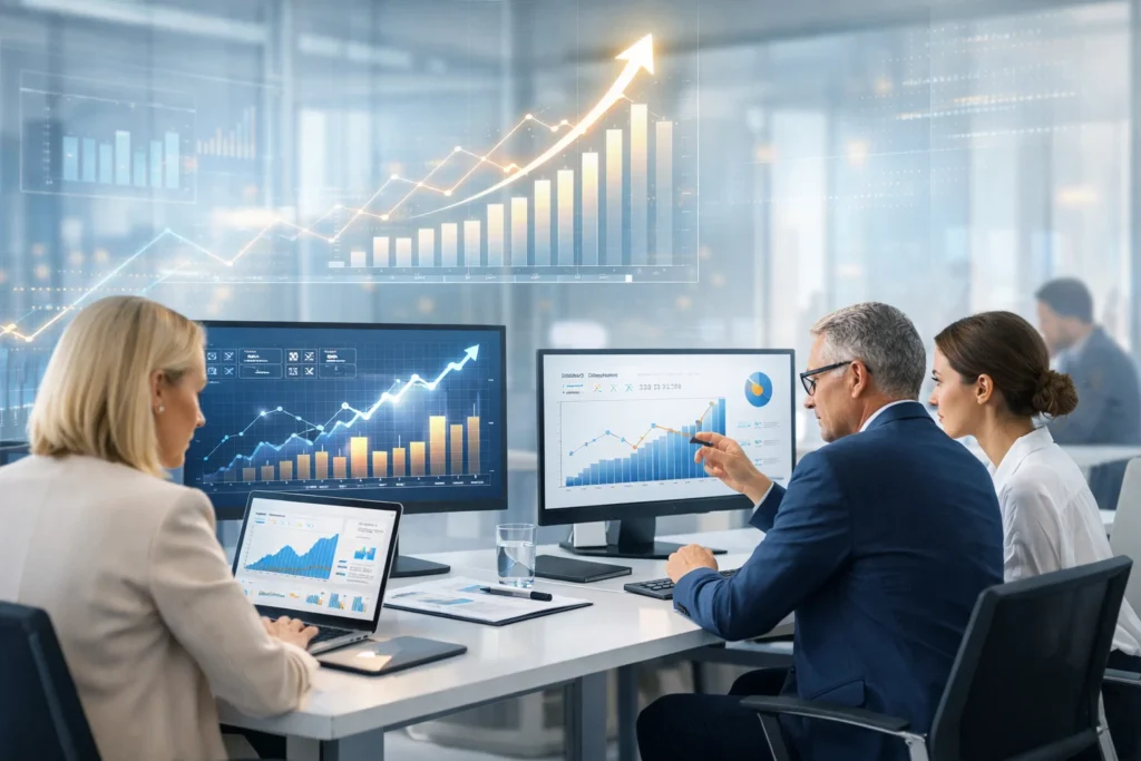 Financial SEO analytics team reviewing organic growth trends and performance dashboards.