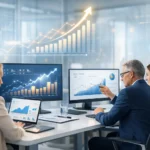 Financial SEO analytics team reviewing organic growth trends and performance dashboards.