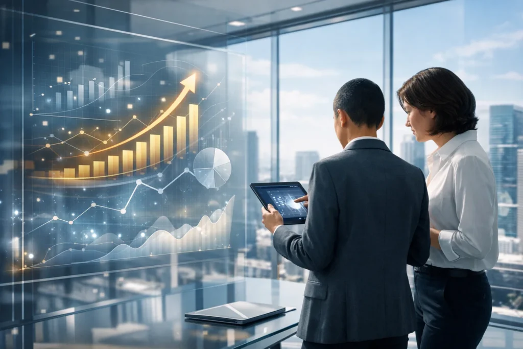 Forex broker SEO growth analysis with data charts and performance metrics in a professional office.