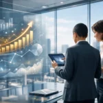 Forex broker SEO growth analysis with data charts and performance metrics in a professional office.