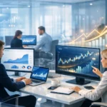 SEO agency team analyzing organic growth and performance metrics on digital dashboards.