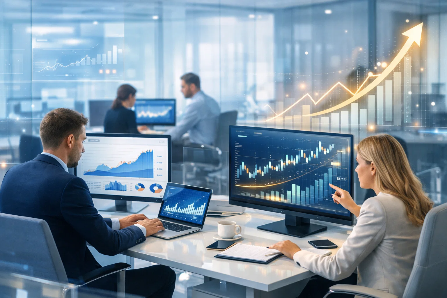 SEO agency team analyzing organic growth and performance metrics on digital dashboards.