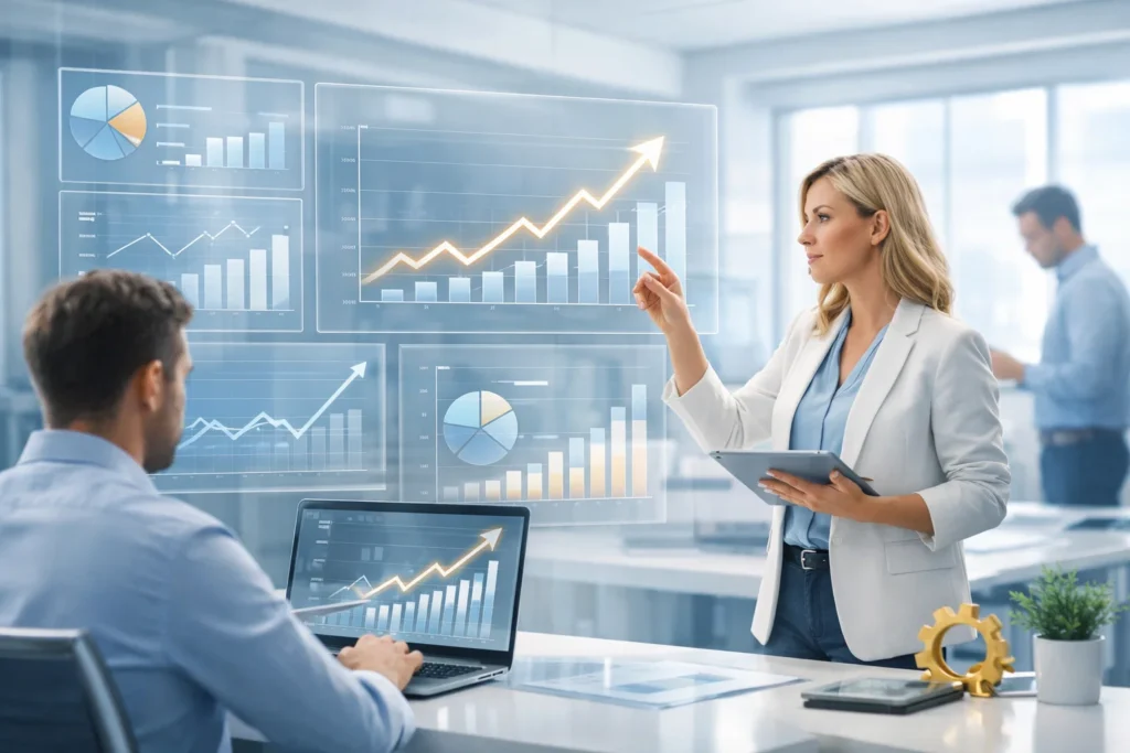 Business professionals reviewing growth charts and data analytics in a modern office. Business professionals reviewing growth charts and data analytics in a modern office.