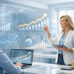 Business professionals reviewing growth charts and data analytics in a modern office.