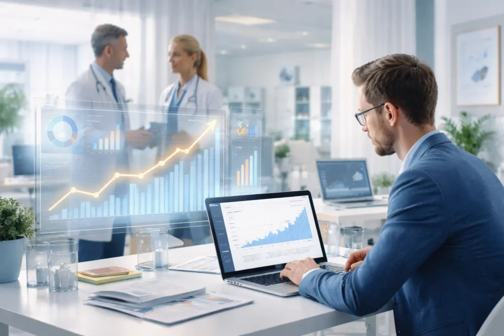 Healthcare professional analyzing SEO data and growth trends in a modern office setting.