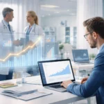 Healthcare professional analyzing SEO data and growth trends in a modern office setting.