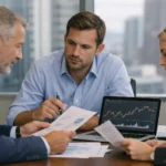 Web studio promotion investment analysis meeting with team reviewing charts and reports.